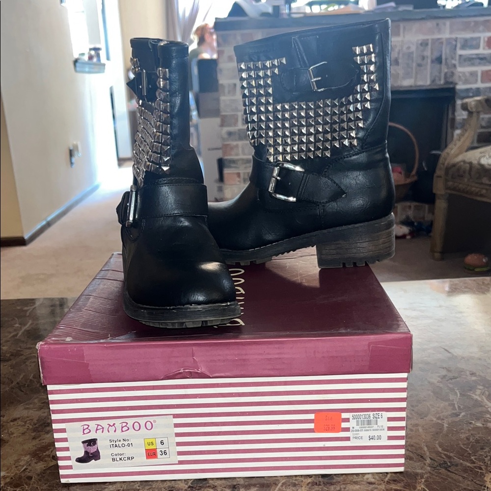 Bamboo Black Studded Combat Boots